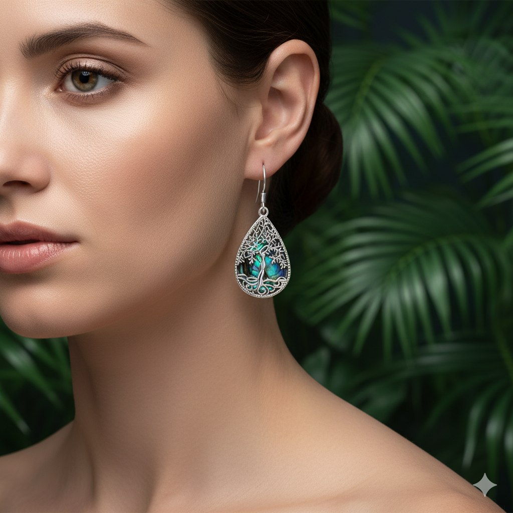 Kalyana Aura Sterling Silver Abalone Shell Teardrop-Shaped Tree of Life Earrings Women