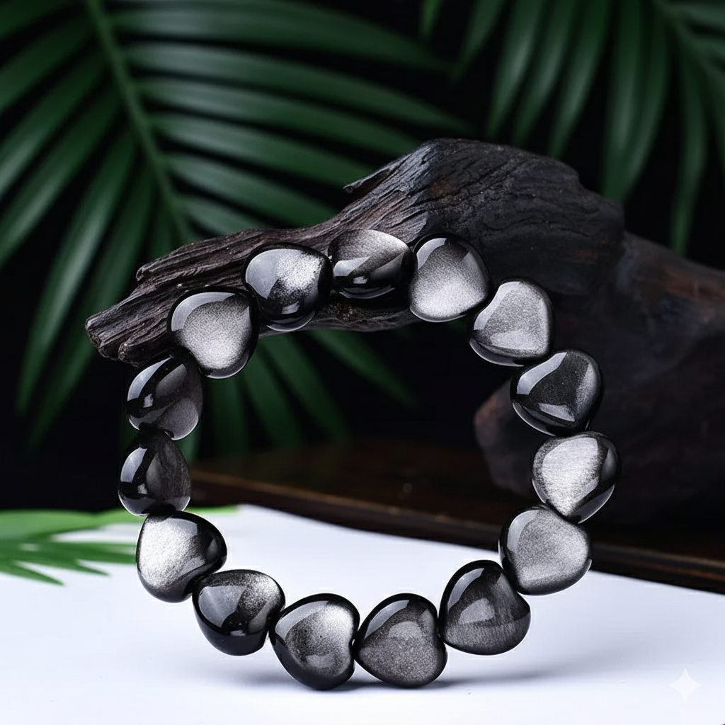 Kalyana Aura Natural Silver Obsidian Heart Shape Bracelet Women