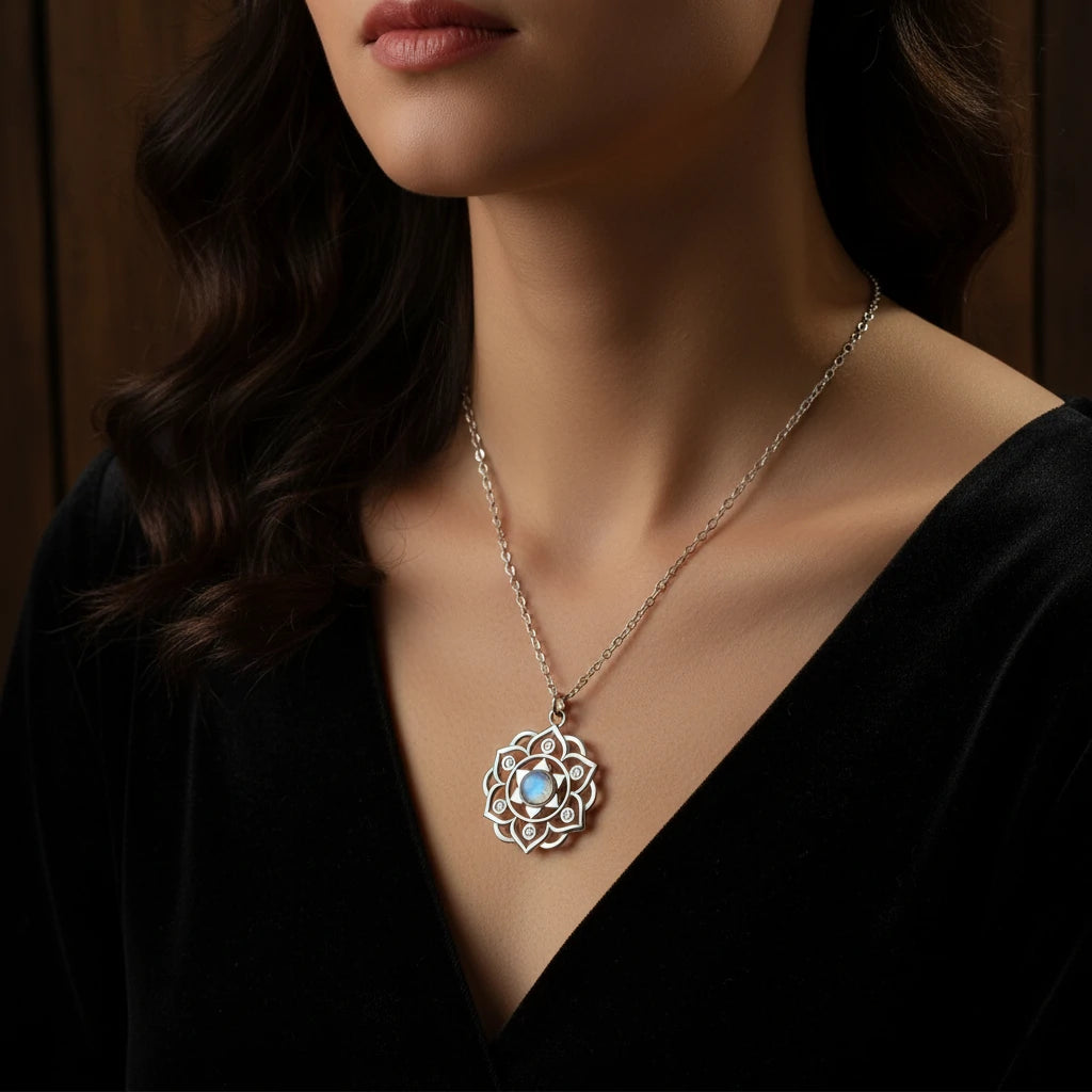 Kalyana Aura Moonstone Lotus Pendant Clavicle Necklace Women