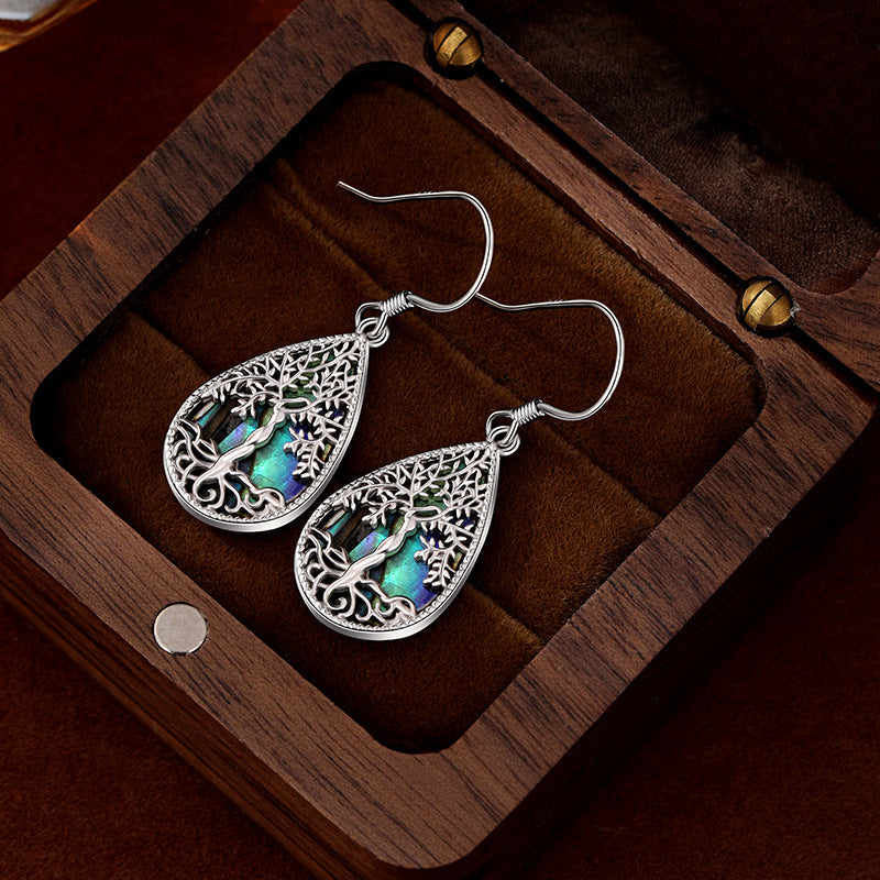 Kalyana Aura Sterling Silver Abalone Shell Teardrop-Shaped Tree of Life Earrings Women