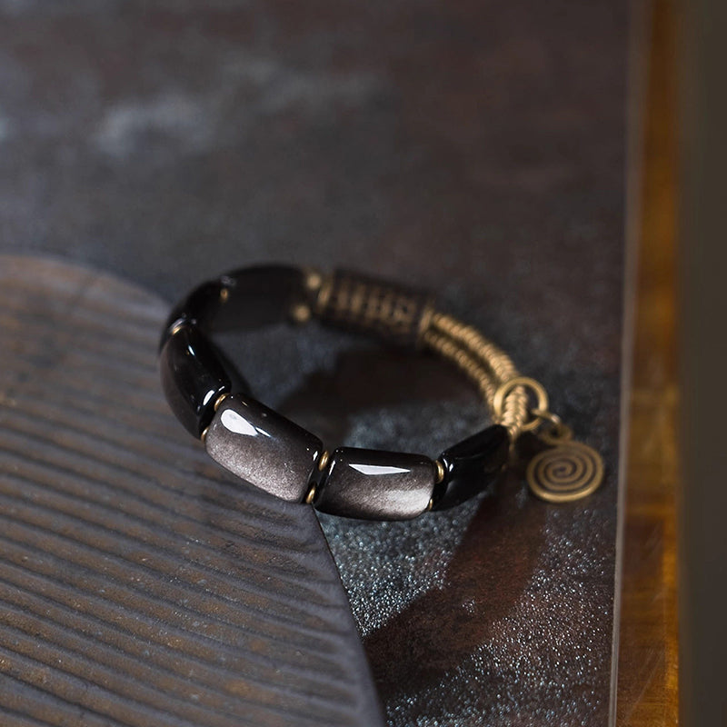 Kalyana Aura Vintage Cat’s Eye Obsidian Brass Bracelet