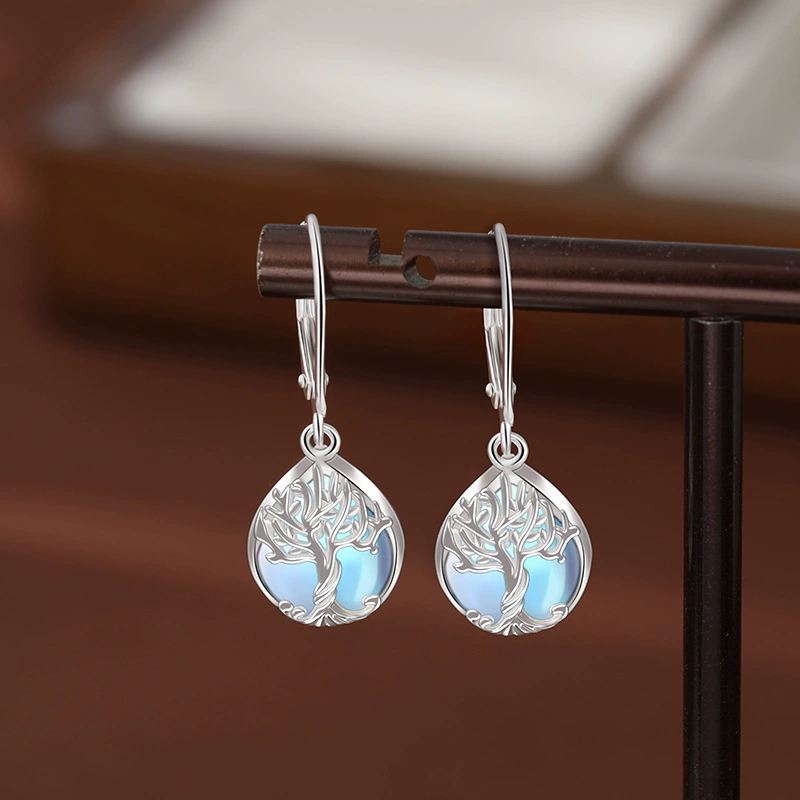 Kalyana Aura Moonstone Sterling Silver Tree of Life Earrings Women