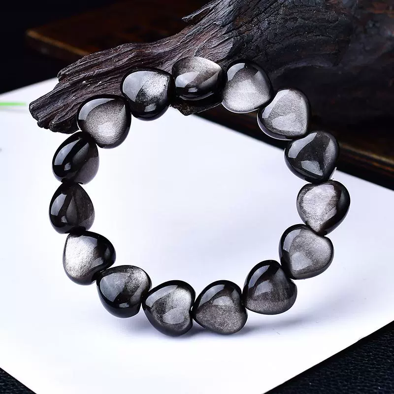Kalyana Aura Natural Silver Obsidian Heart Shape Bracelet Women