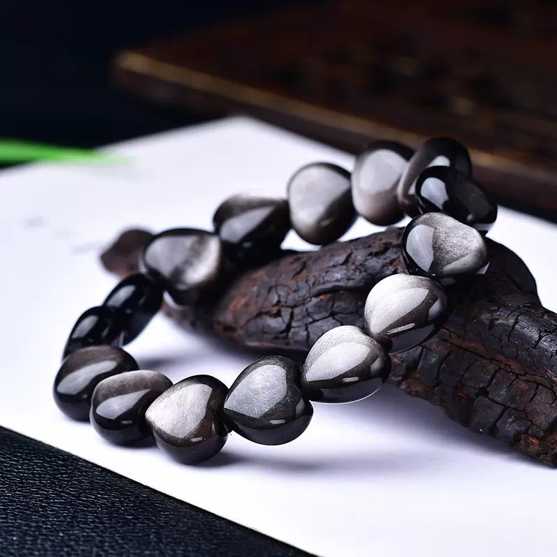 Kalyana Aura Natural Silver Obsidian Heart Shape Bracelet Women