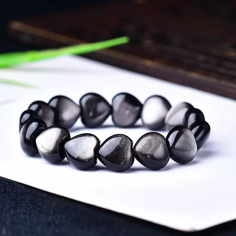 Kalyana Aura Natural Silver Obsidian Heart Shape Bracelet Women