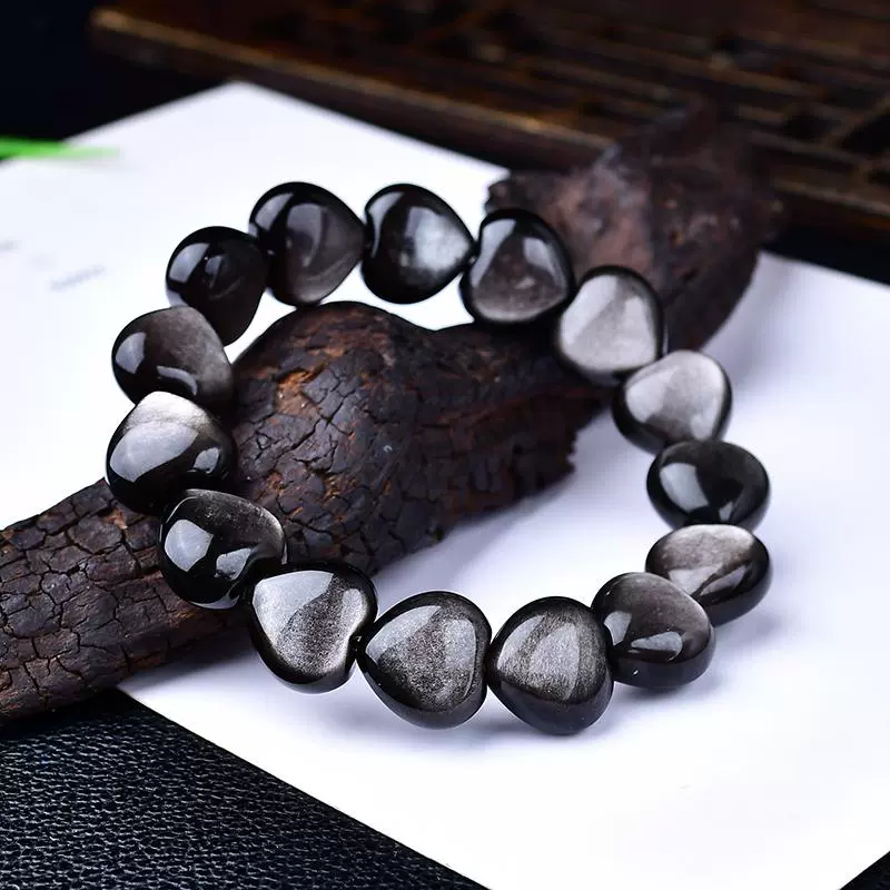 Kalyana Aura Natural Silver Obsidian Heart Shape Bracelet Women