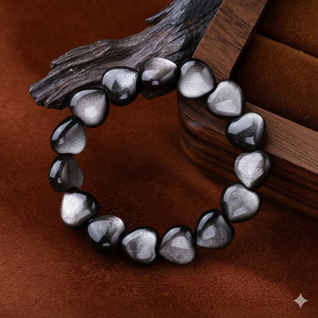 Kalyana Aura Natural Silver Obsidian Heart Shape Bracelet Women