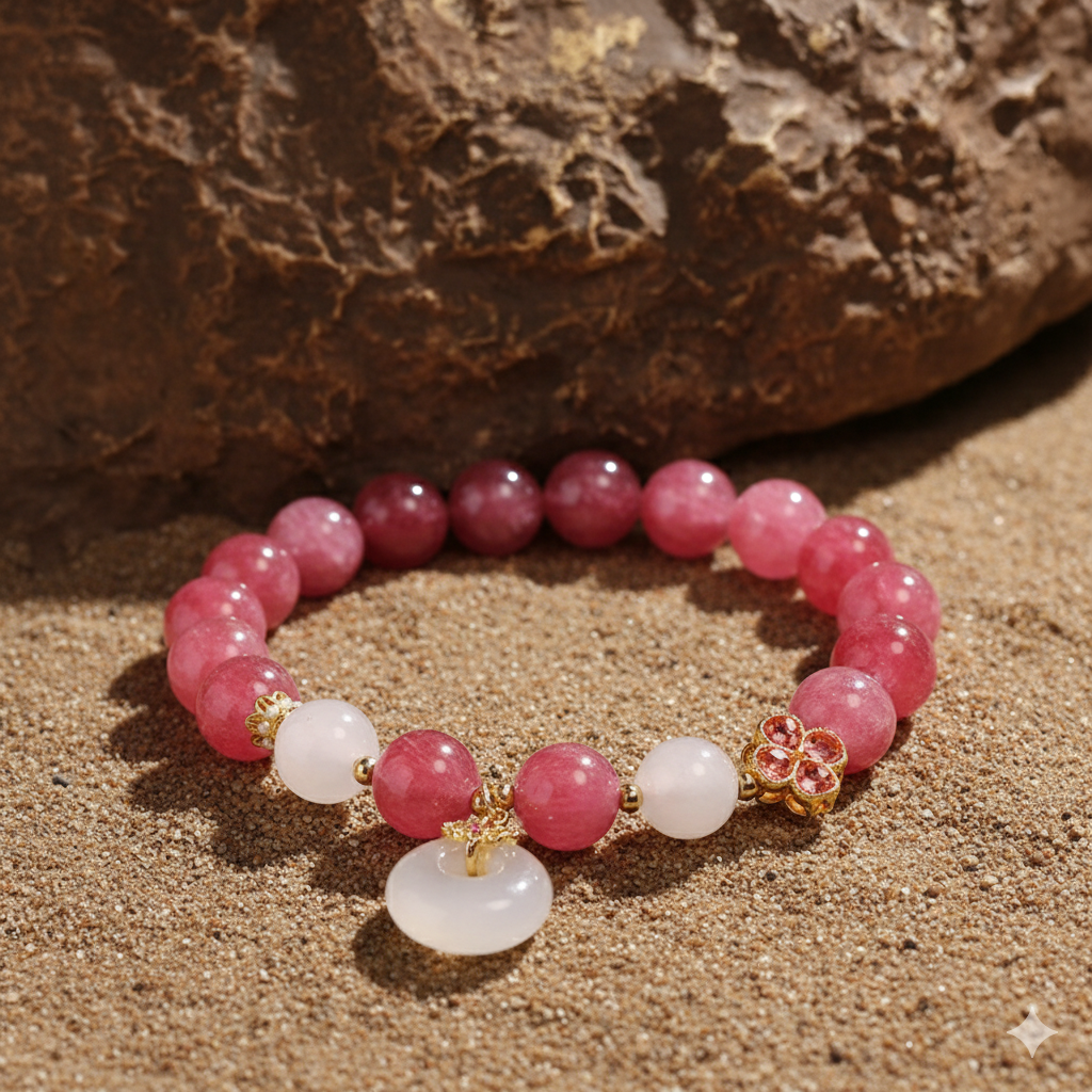 Kalyana Aura Pink Tourmaline Peace Buckle Pendant Crystal Bracelet