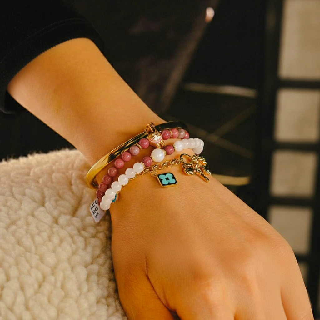 Kalyana Aura White Crystal Stacked Double Circle Creative Pendant Bracelet