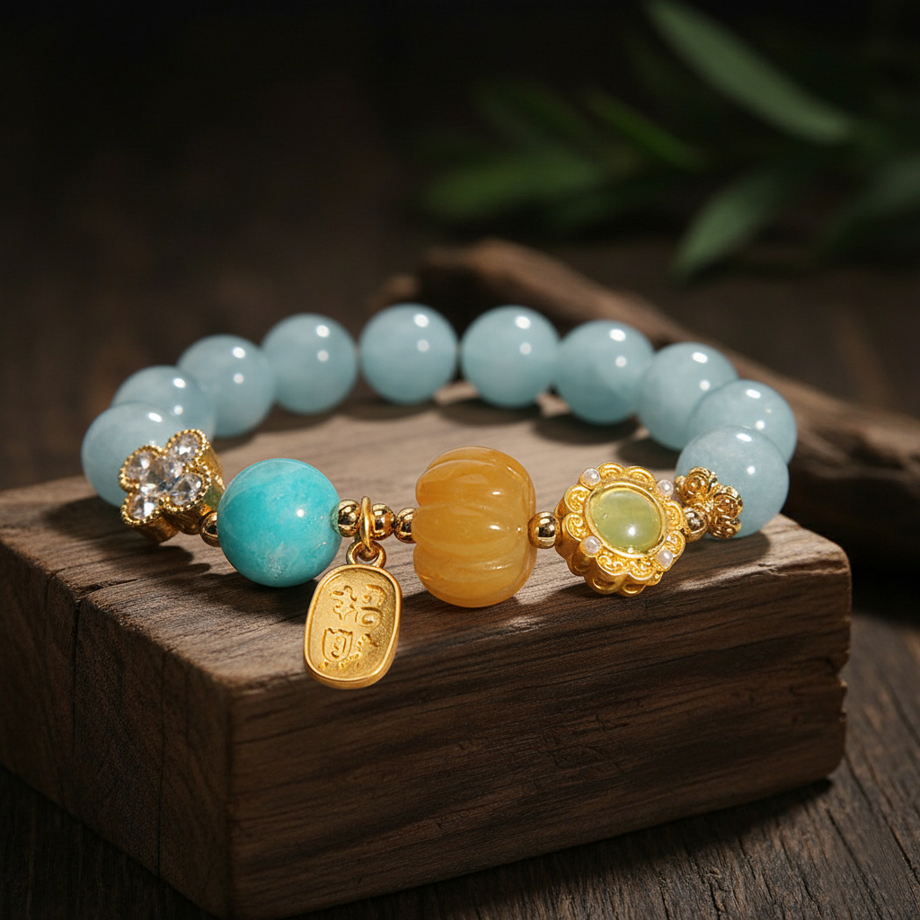 Kalyana Aura Pumpkin Bead Four-Leaf Clover Crystal Bracelet