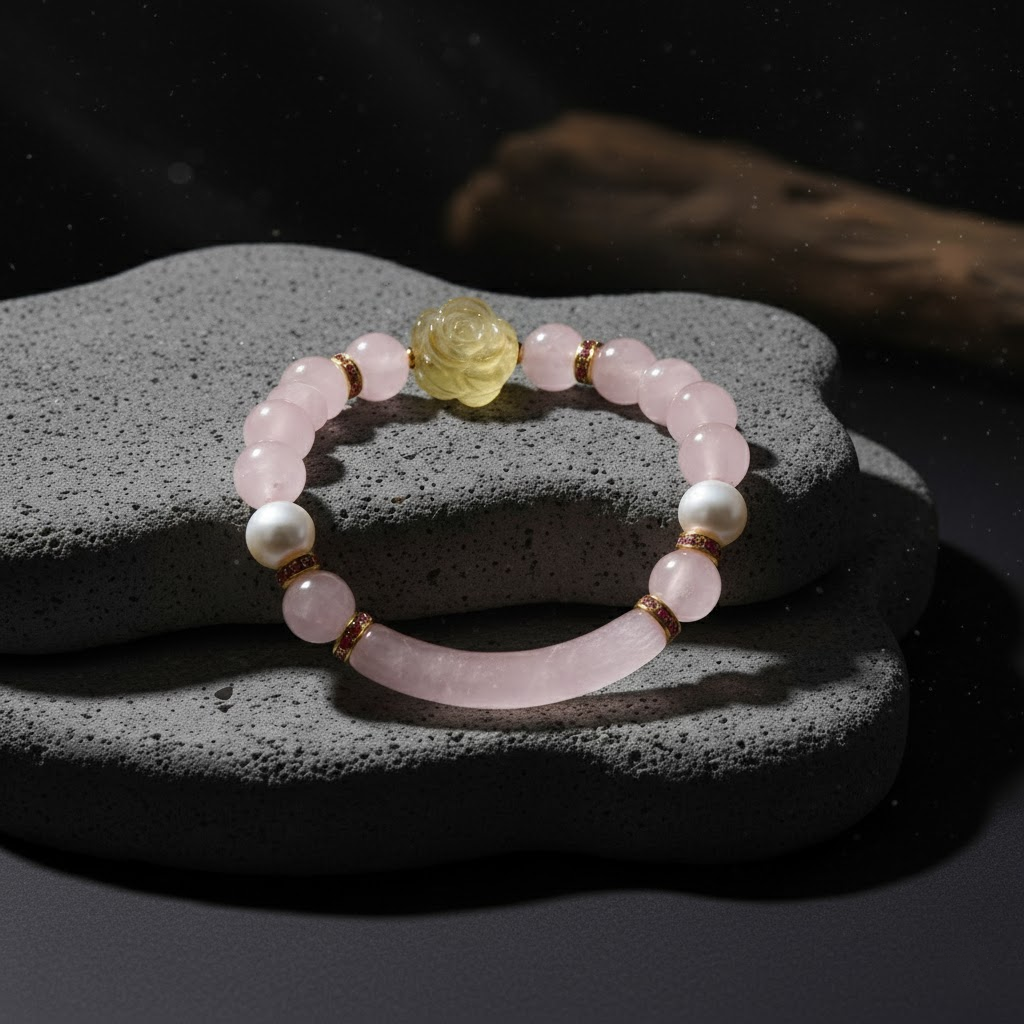 Kalyana Aura Rose Quartz Pearl Gourd Pendant Bracelet