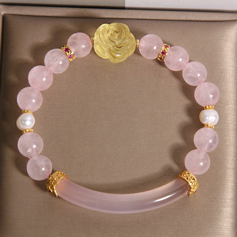 Kalyana Aura Rose Quartz Pearl Gourd Pendant Bracelet
