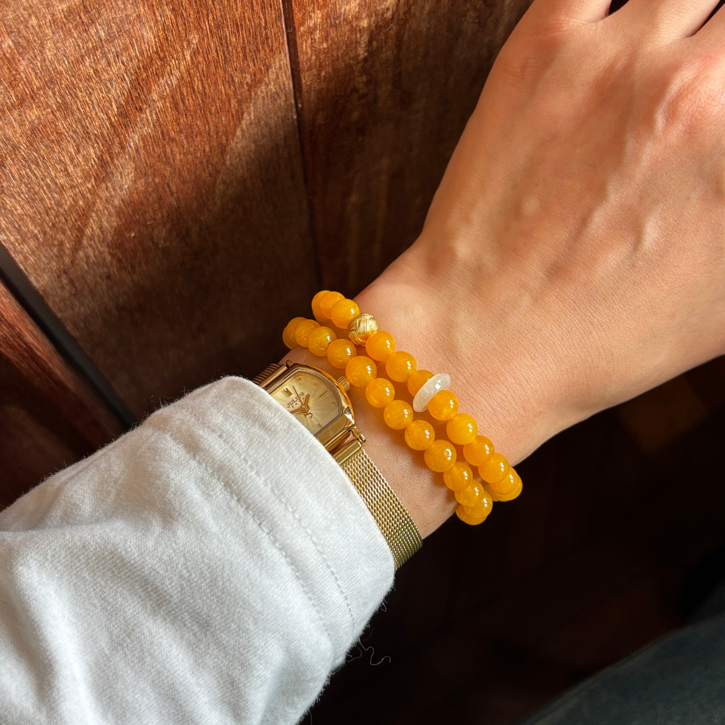 Kalyana Aura Natural Citrine and Bashan Jade Elastic Double-loop Bracelet
