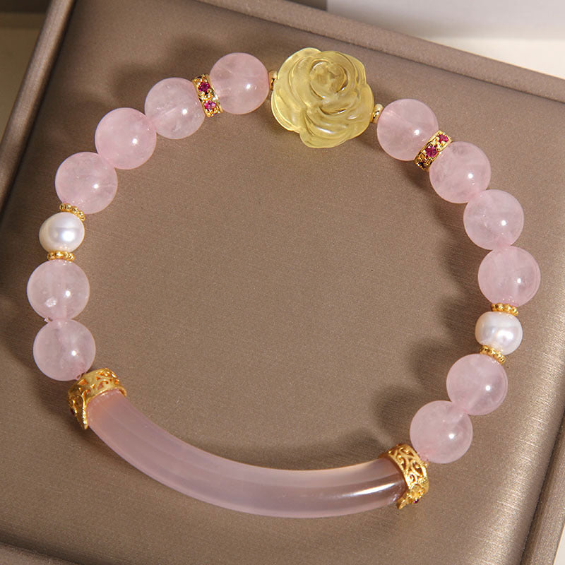 Kalyana Aura Rose Quartz Pearl Gourd Pendant Bracelet