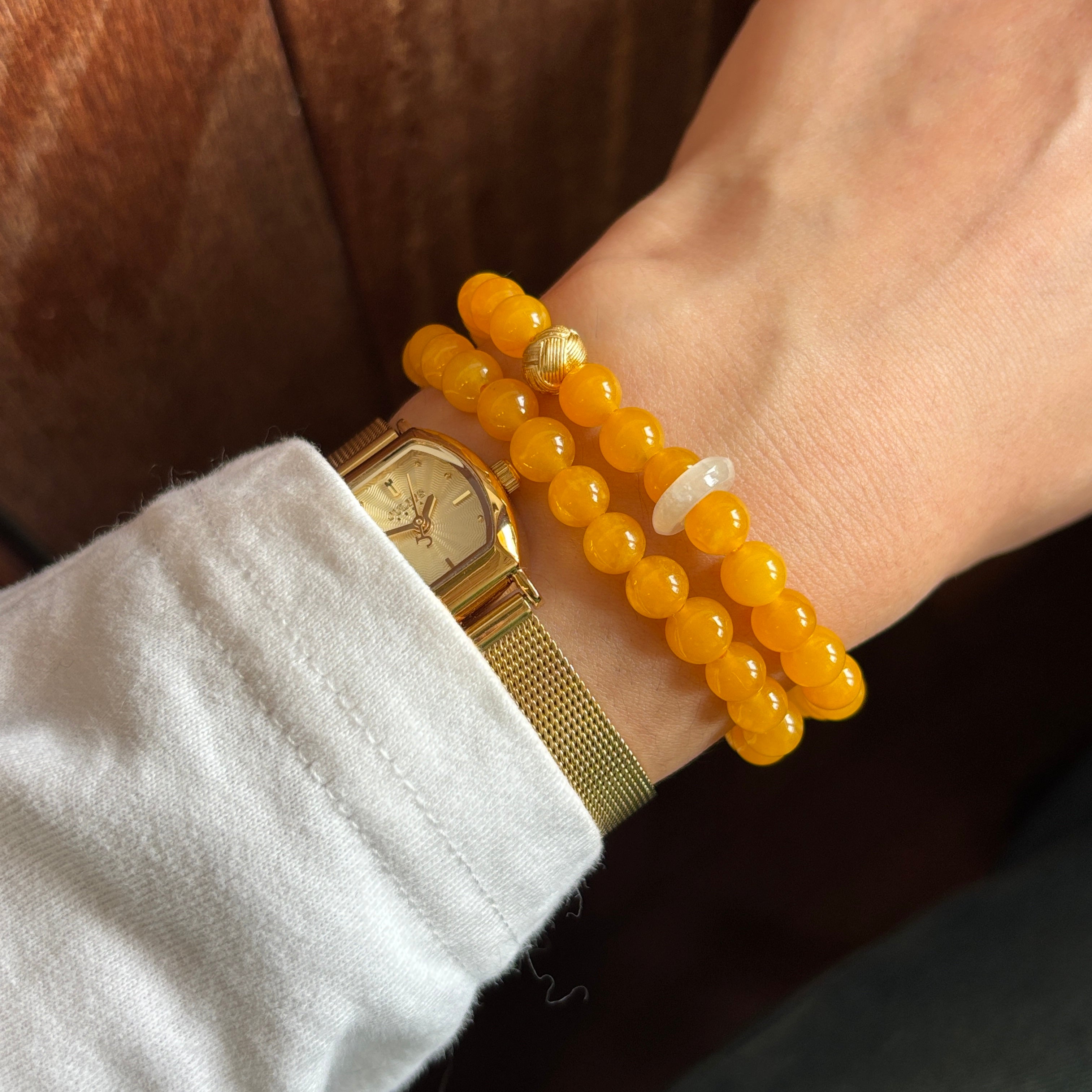 Kalyana Aura Natural Citrine and Bashan Jade Elastic Double-loop Bracelet