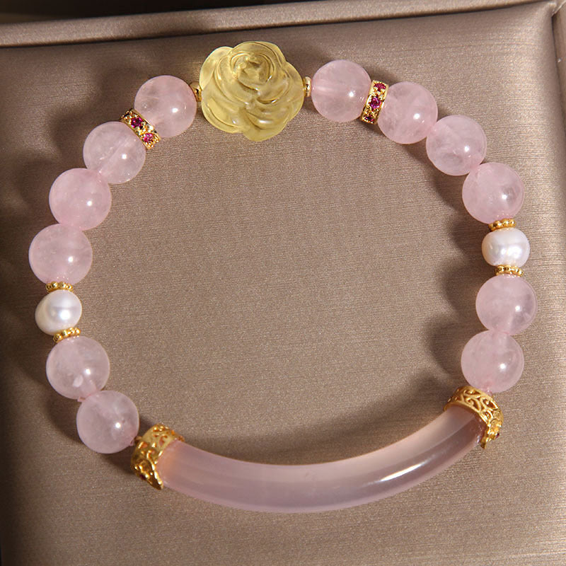 Kalyana Aura Rose Quartz Pearl Gourd Pendant Bracelet