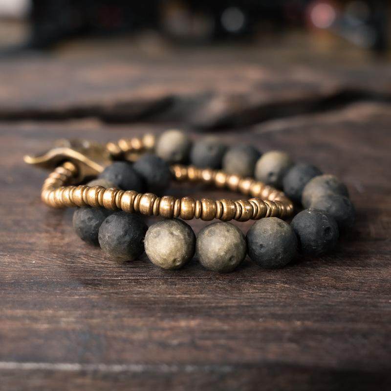 Kalyana Aura Golden Obsidian Bull Head Pendant Bracelet