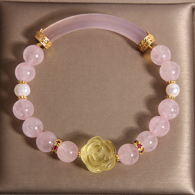 Kalyana Aura Rose Quartz Pearl Gourd Pendant Bracelet