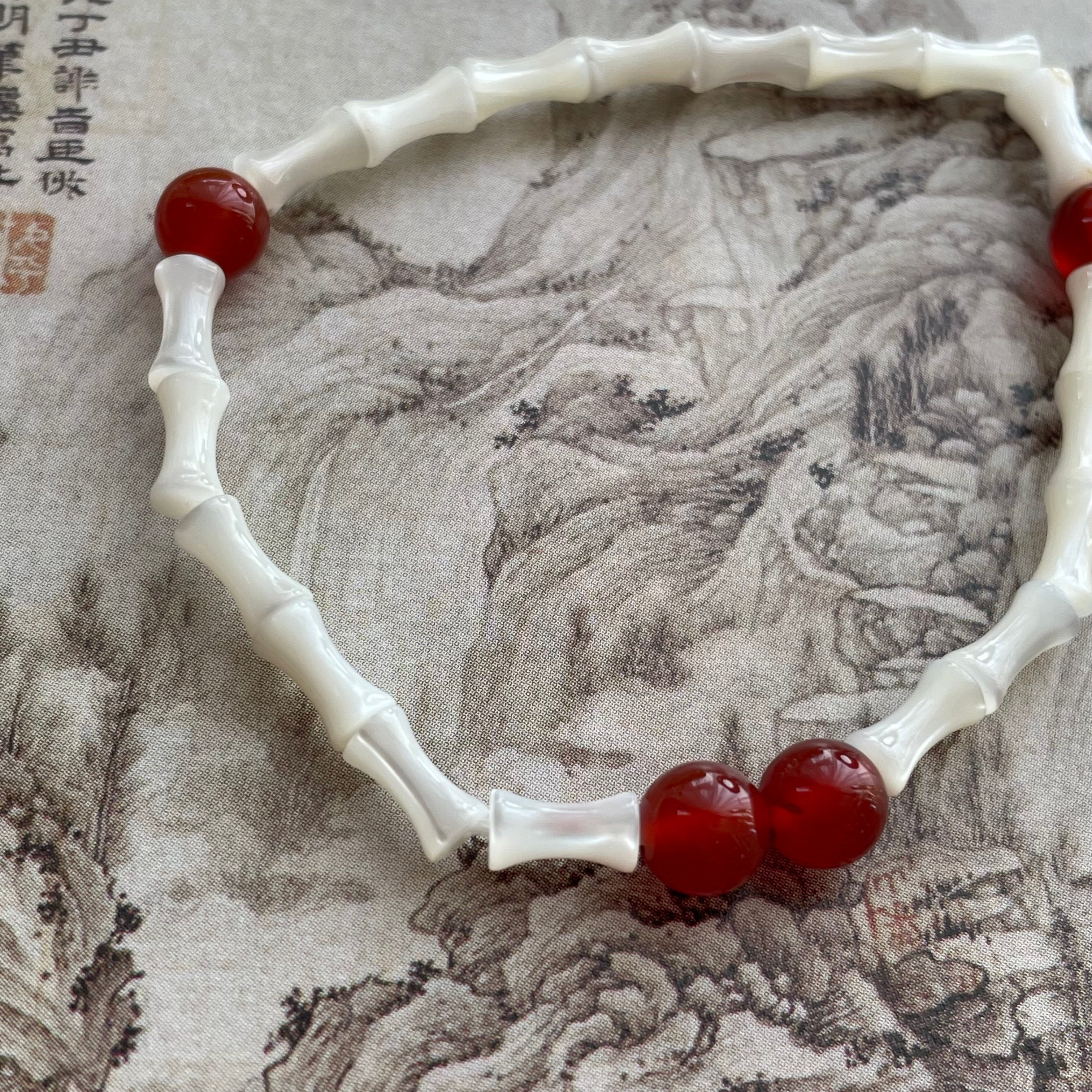 Kalyana Aura Natural Red Agate Bamboo-Shaped Shell Bracelet
