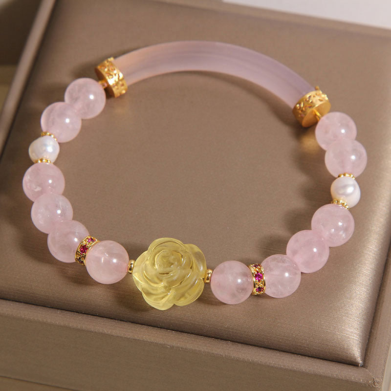Kalyana Aura Rose Quartz Pearl Gourd Pendant Bracelet