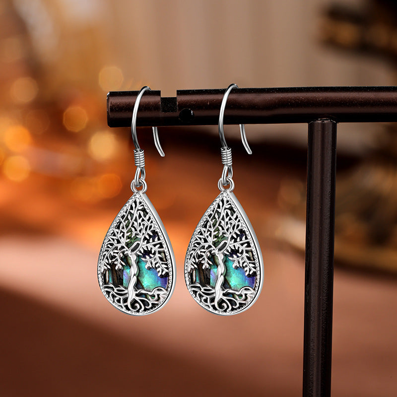 Kalyana Aura Sterling Silver Abalone Shell Teardrop-Shaped Tree of Life Earrings Women