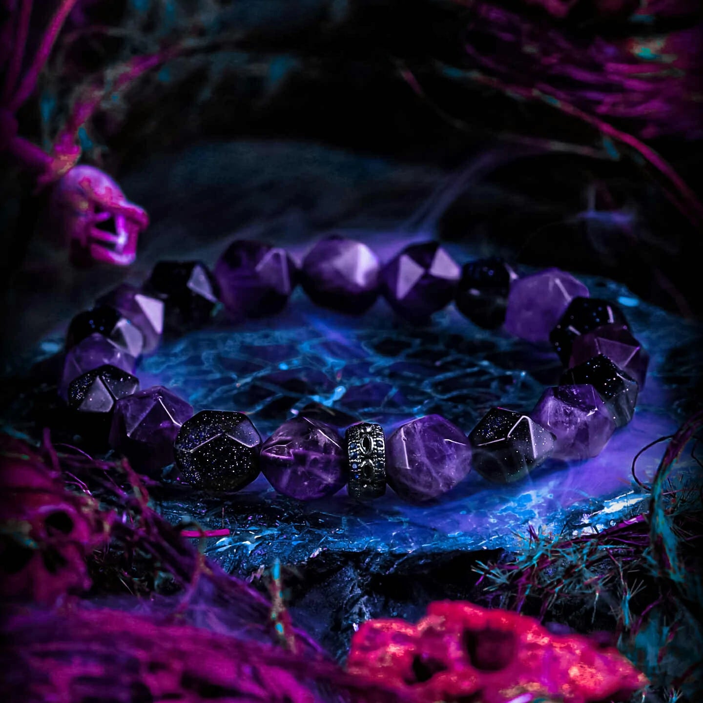 Kalyana Aura Vintage Amethyst Smoky Quartz Blue Sandstone Brass Zircon Bracelet Men