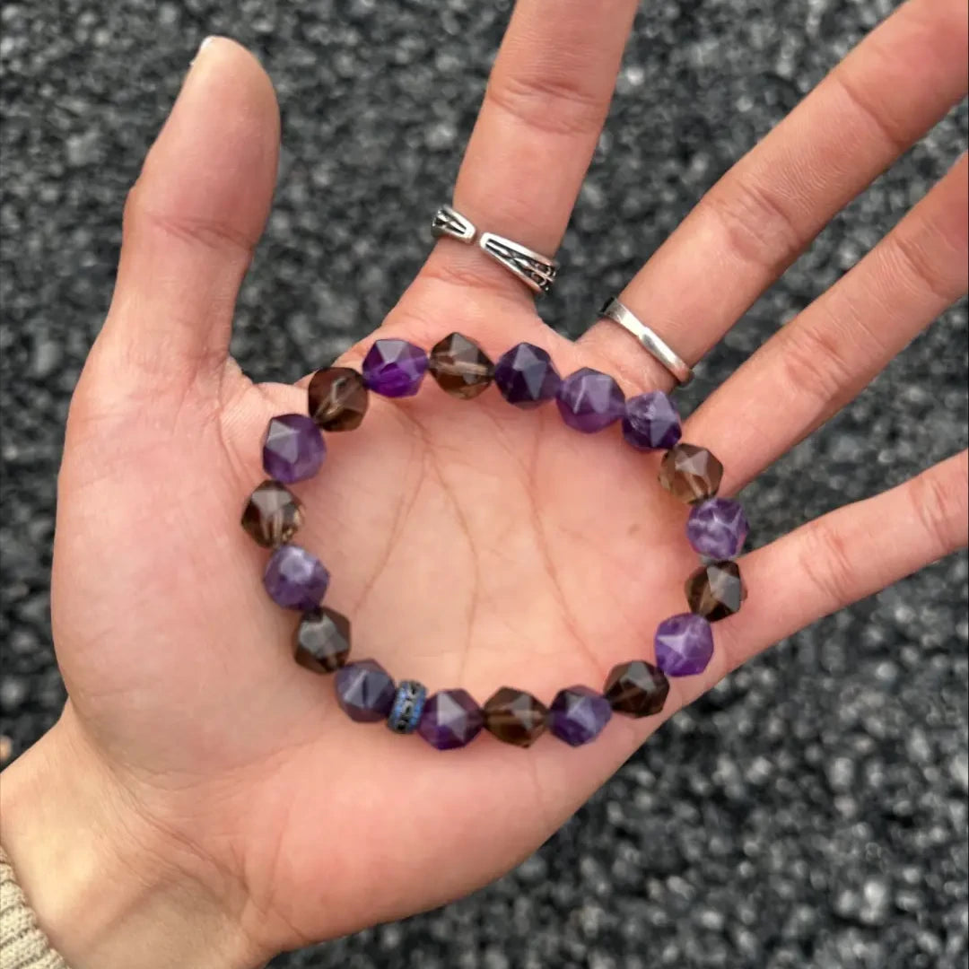 Kalyana Aura Vintage Amethyst Smoky Quartz Blue Sandstone Brass Zircon Bracelet Men