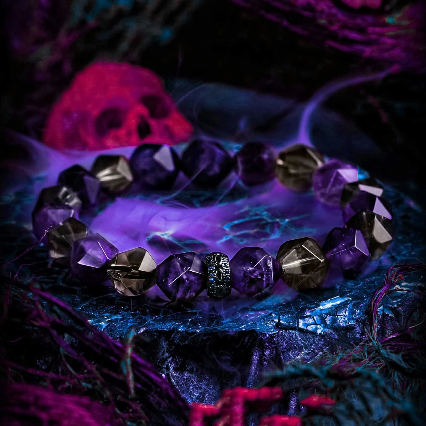 Kalyana Aura Vintage Amethyst Smoky Quartz Blue Sandstone Brass Zircon Bracelet Men