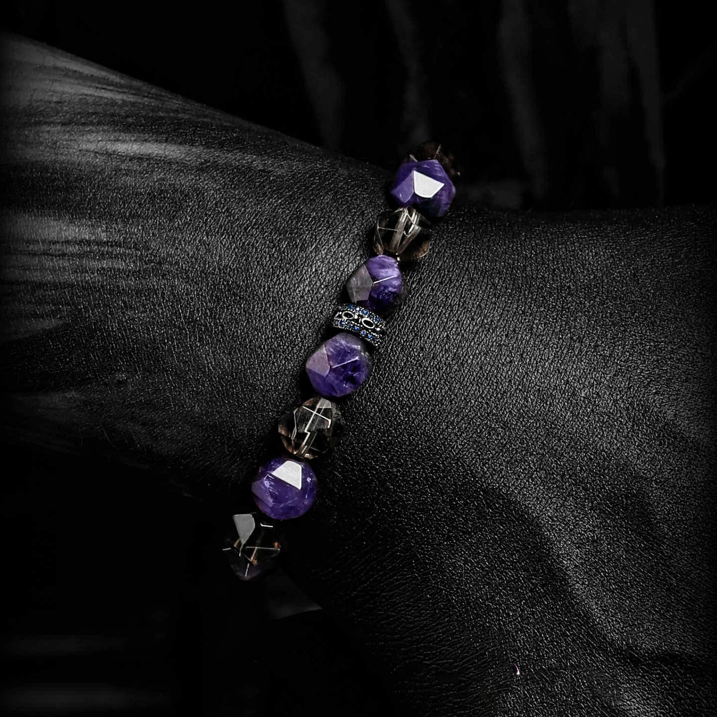 Kalyana Aura Vintage Amethyst Smoky Quartz Blue Sandstone Brass Zircon Bracelet Men