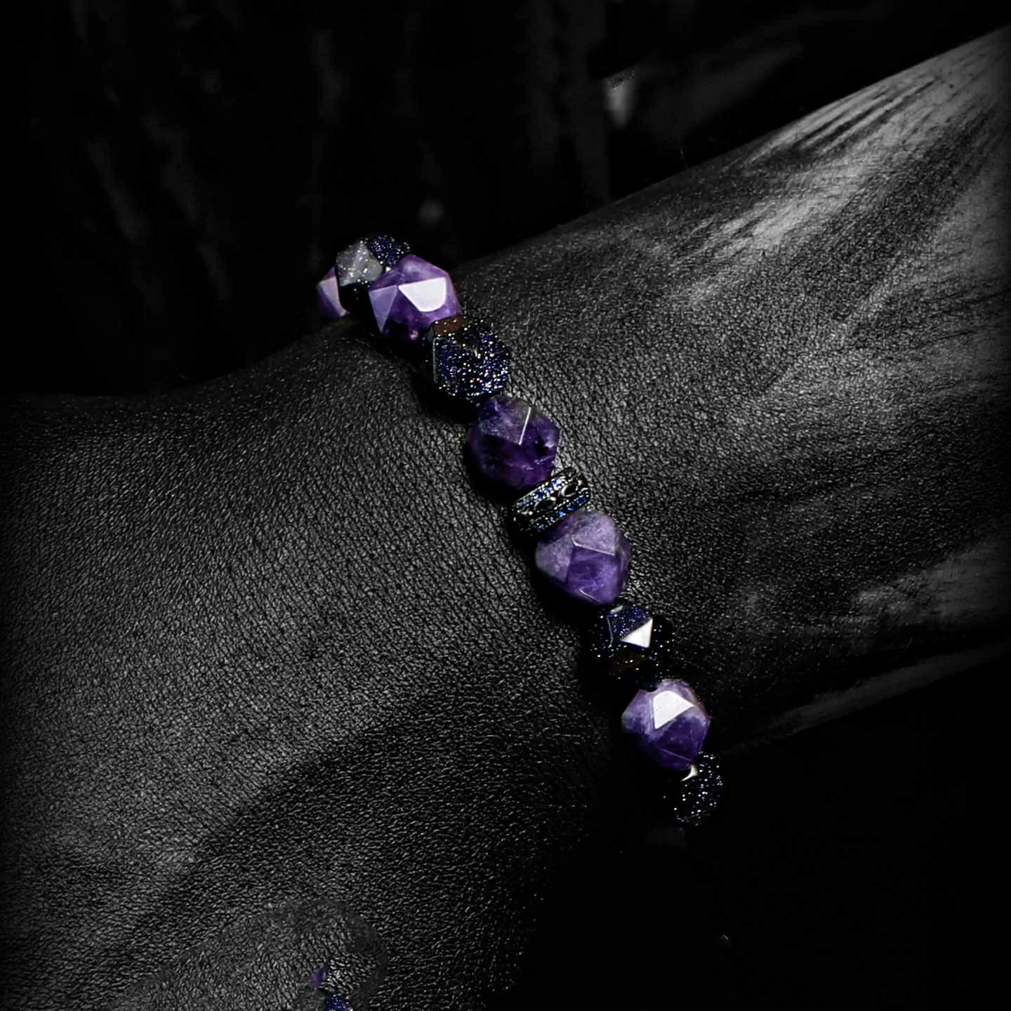 Kalyana Aura Vintage Amethyst Smoky Quartz Blue Sandstone Brass Zircon Bracelet Men