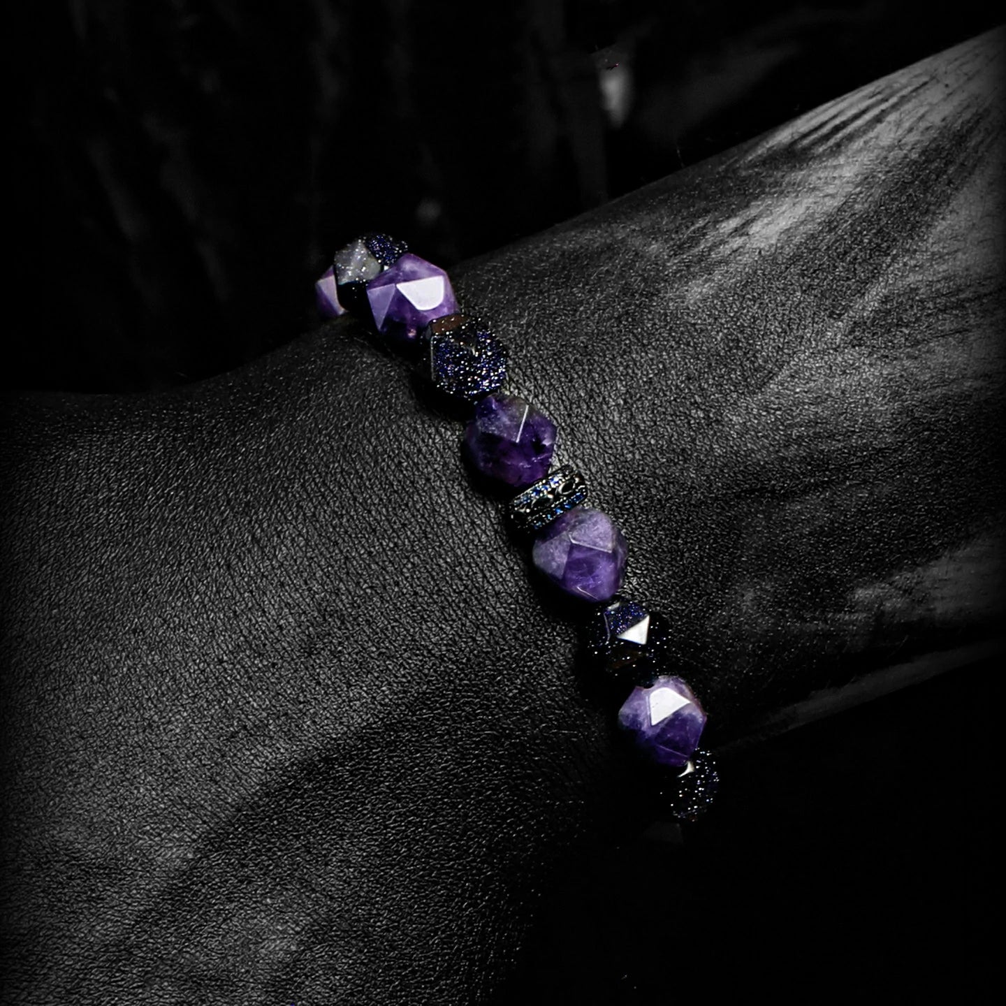 Kalyana Aura Vintage Amethyst Smoky Quartz Blue Sandstone Brass Zircon Bracelet Men
