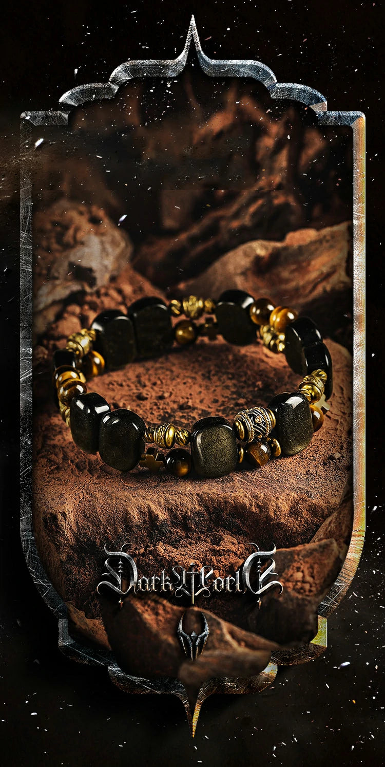 Kalyana Aura Vintage Golden Obsidian Tiger's Eye Stone Brass Bracelet
