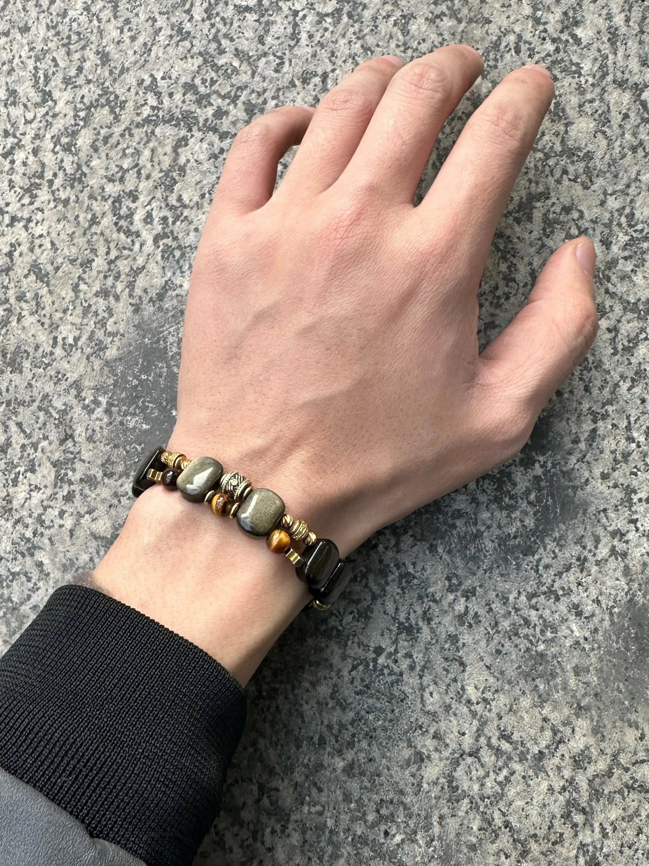 Kalyana Aura Vintage Golden Obsidian Tiger's Eye Stone Brass Bracelet