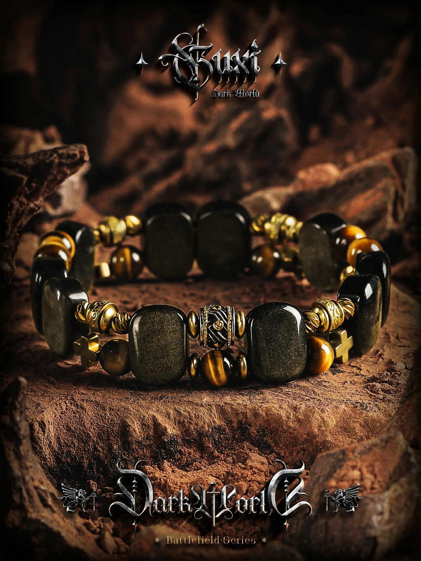 Kalyana Aura Vintage Golden Obsidian Tiger's Eye Stone Brass Bracelet