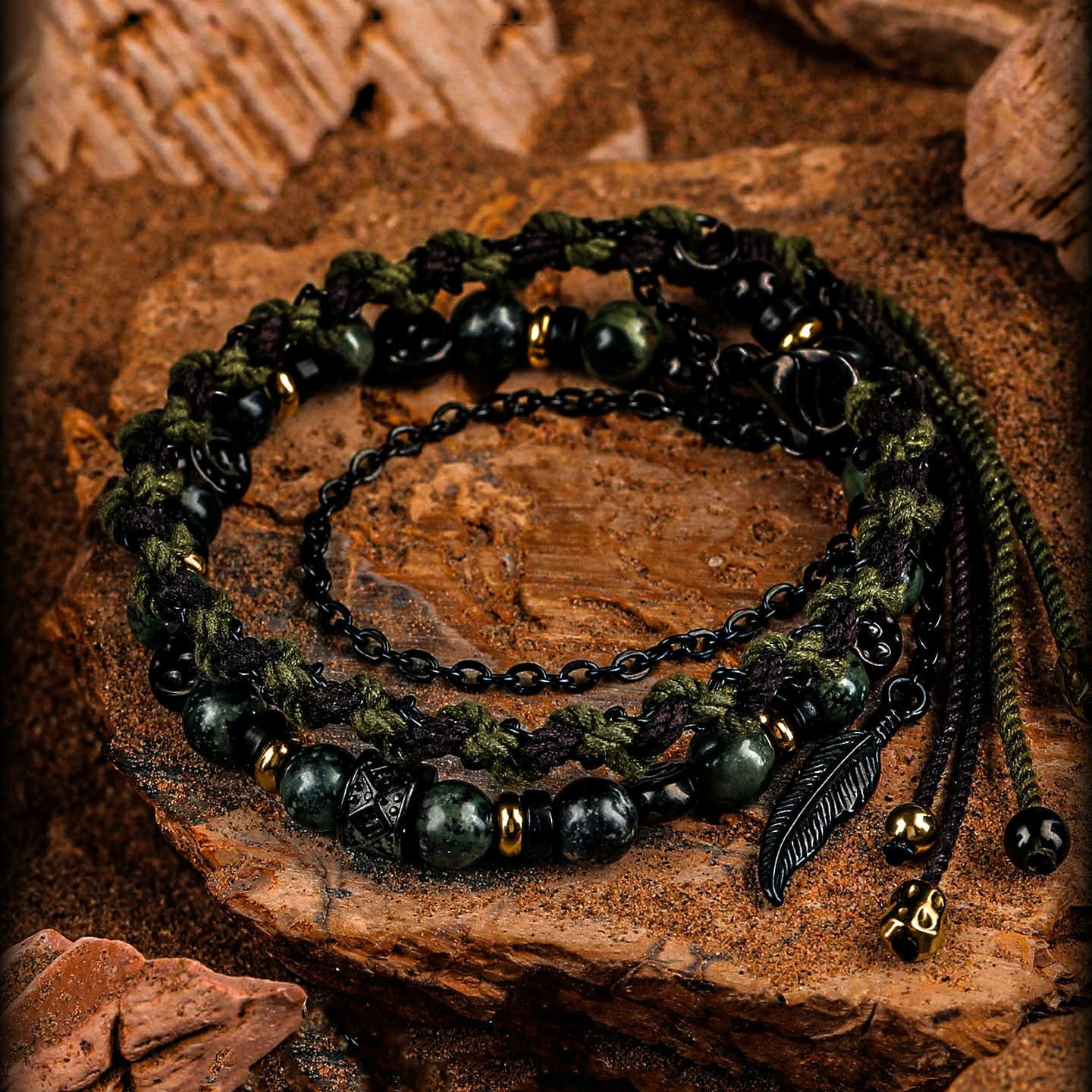 Kalyana Aura Vintage Malachite Coconut Shell 316L Titanium Steel Bracelet Men