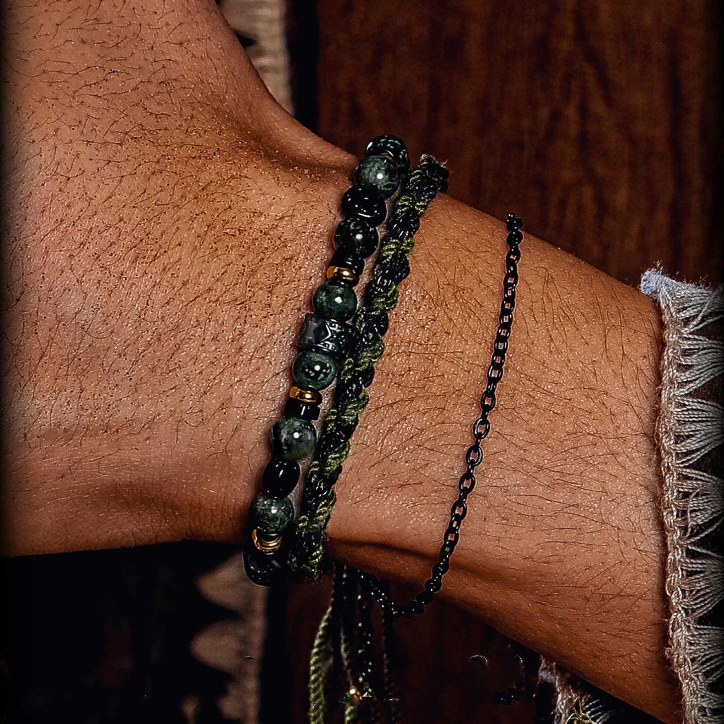 Kalyana Aura Vintage Malachite Coconut Shell 316L Titanium Steel Bracelet Men