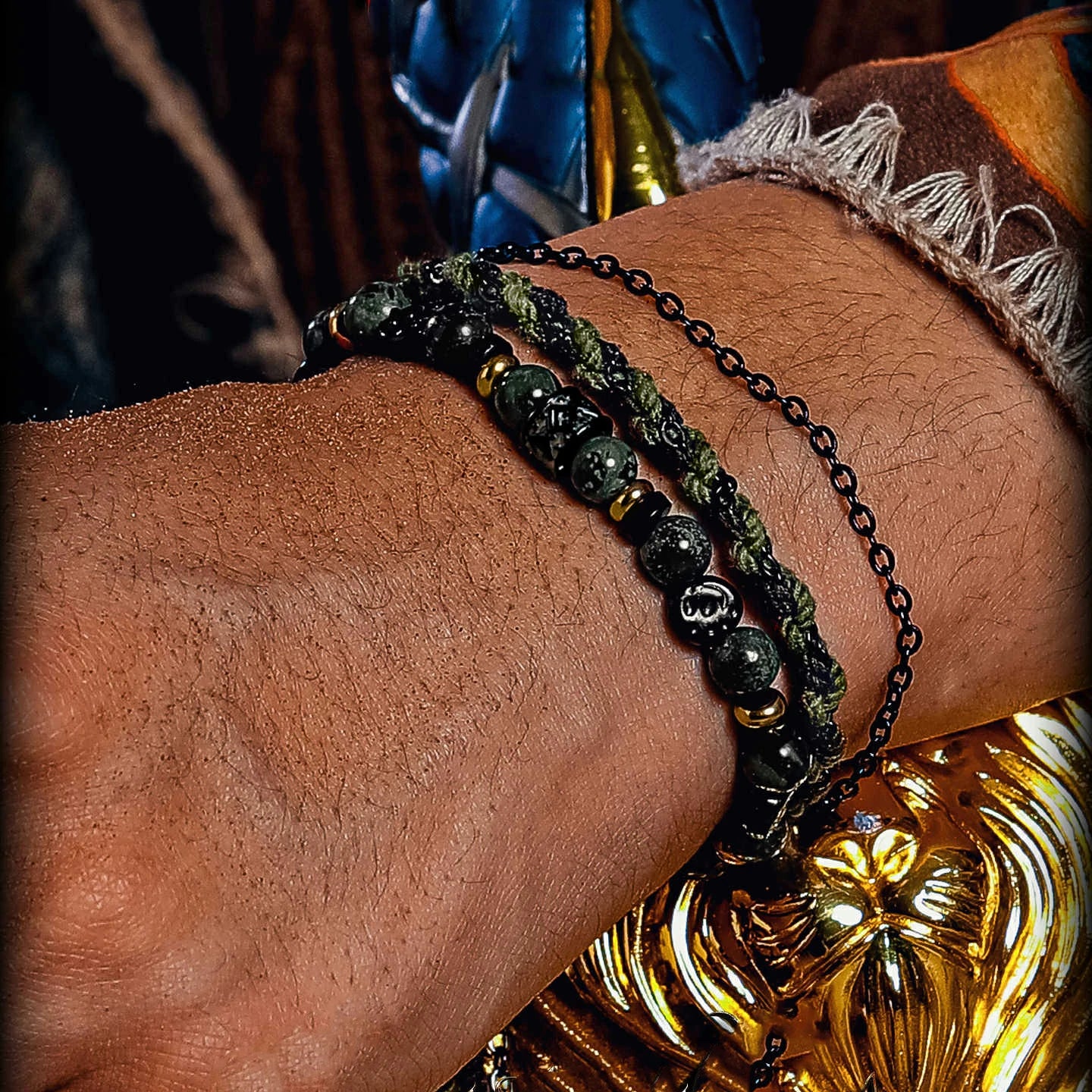 Kalyana Aura Vintage Malachite Coconut Shell 316L Titanium Steel Bracelet Men
