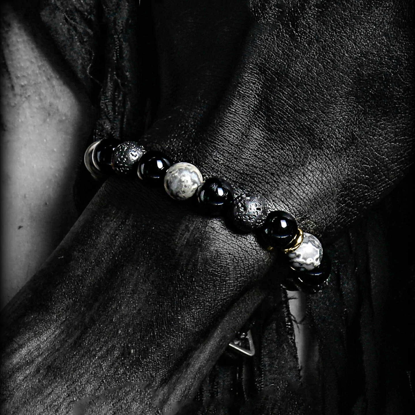Kalyana Aura Vintage Obsidian Volcanic Rock Bracelet Men