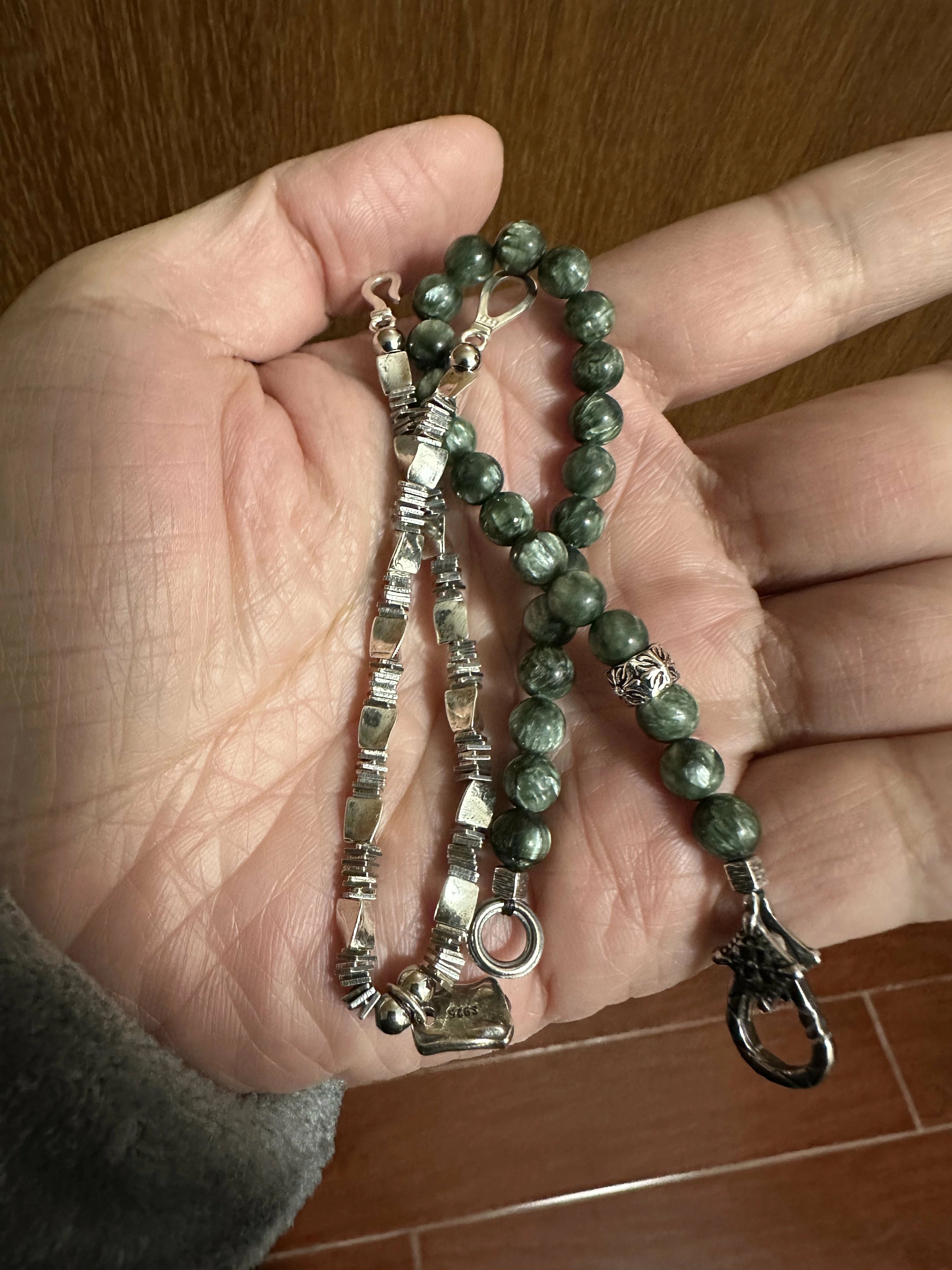 Kalyana Aura Vintage Seraphinite 316L Titanium Steel 925 Silver Bracelet