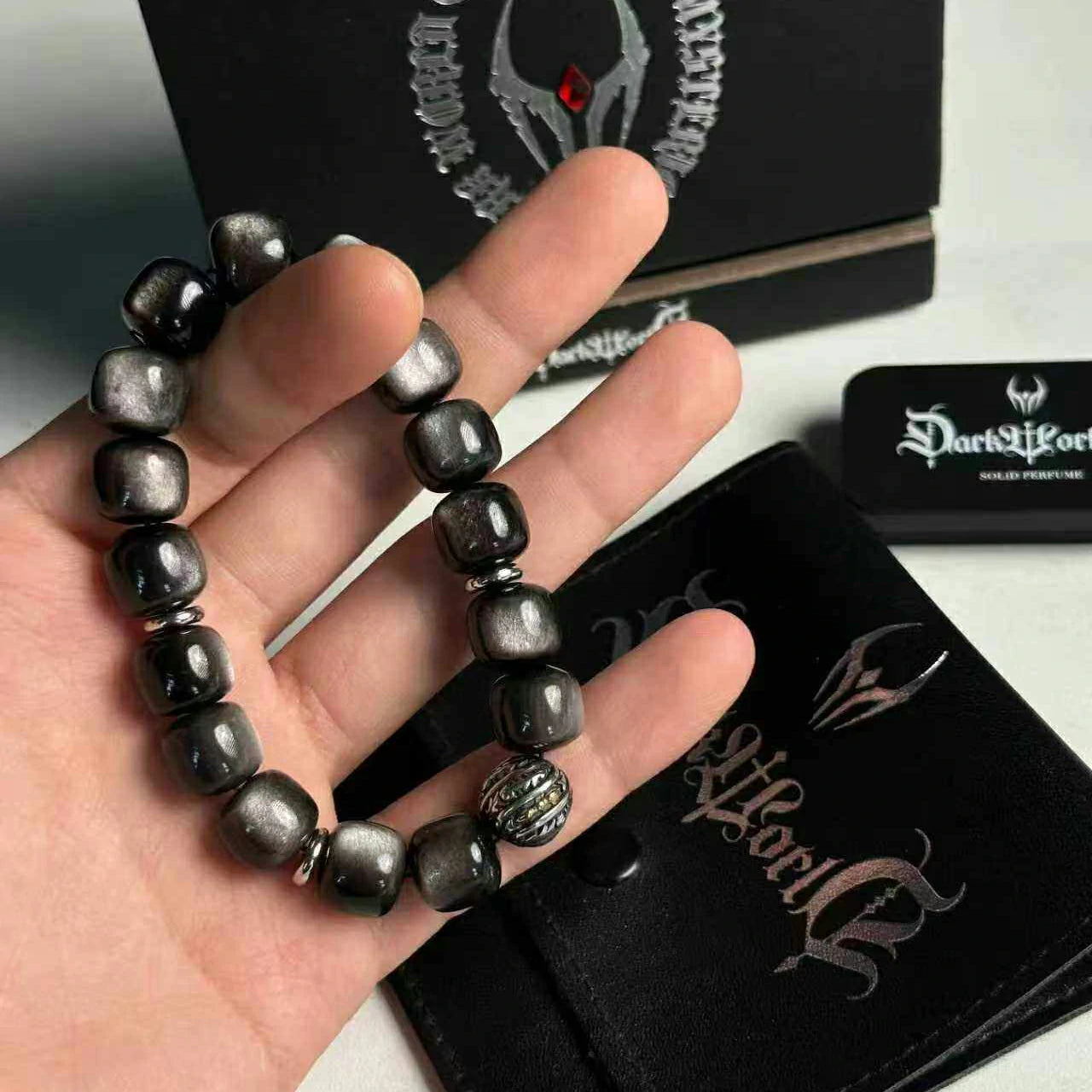 Kalyana Aura Vintage Silver Sheen Obsidian Obsidian 316L Titanium Steel Bracelet Men