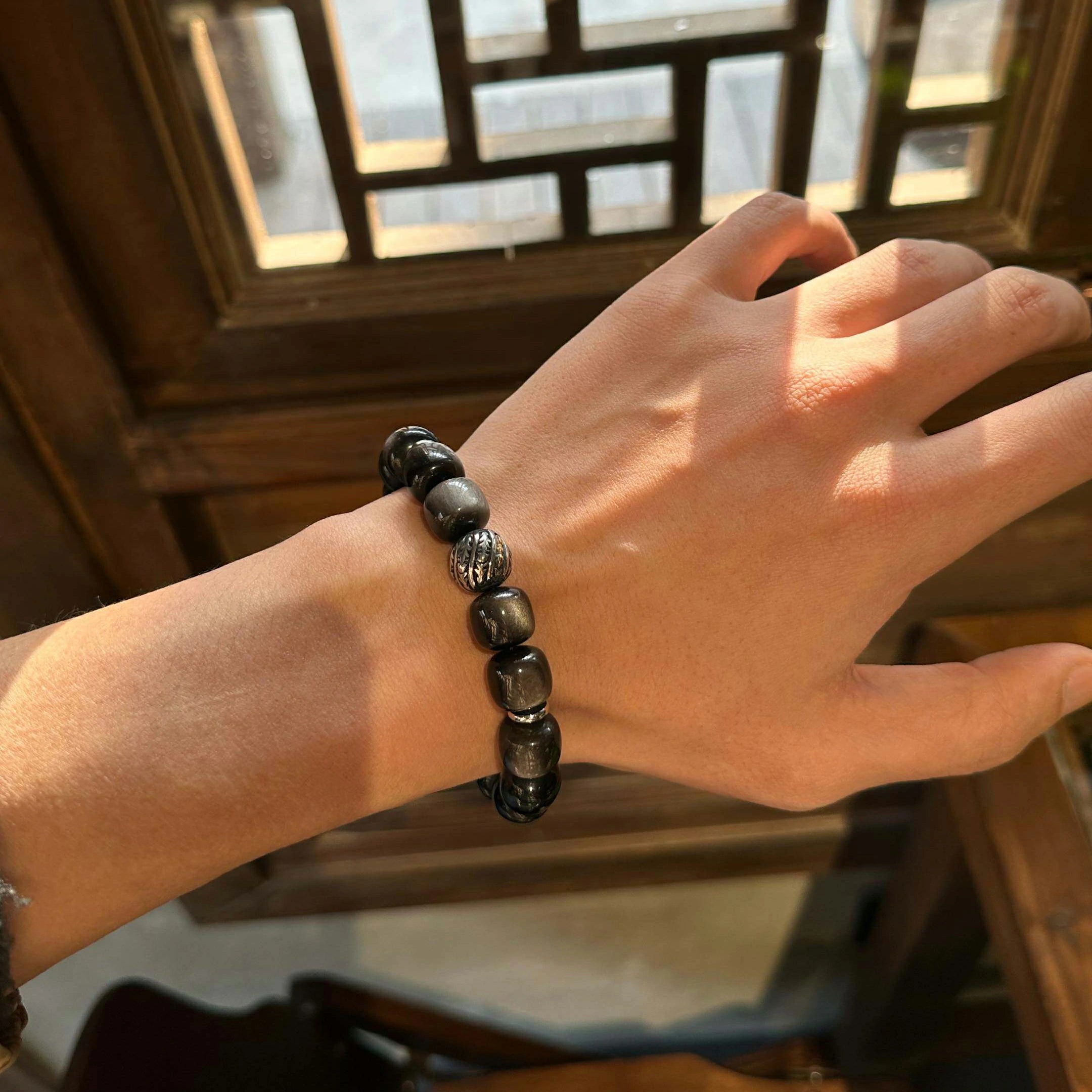 Kalyana Aura Vintage Silver Sheen Obsidian Obsidian 316L Titanium Steel Bracelet Men