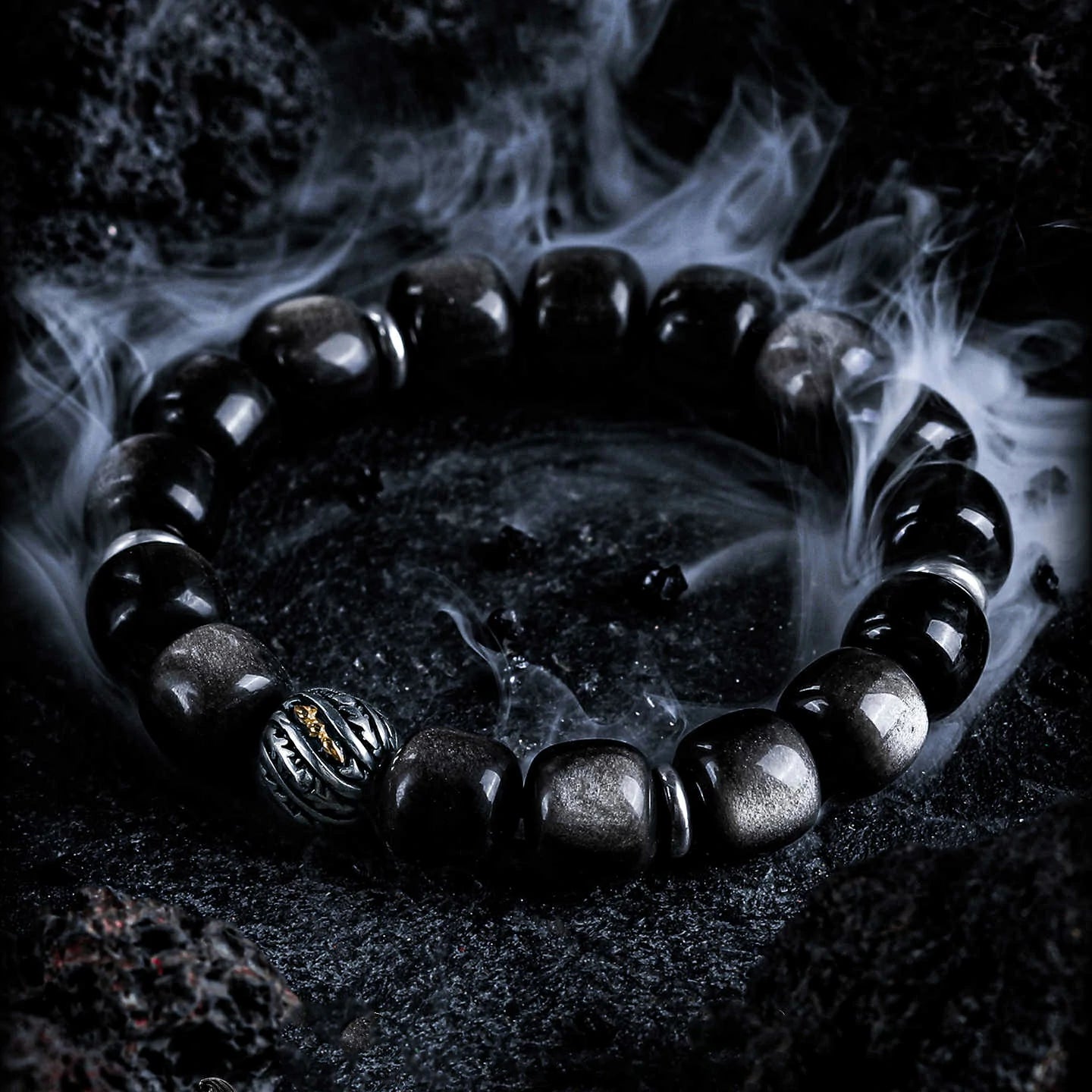Kalyana Aura Vintage Silver Sheen Obsidian Obsidian 316L Titanium Steel Bracelet Men