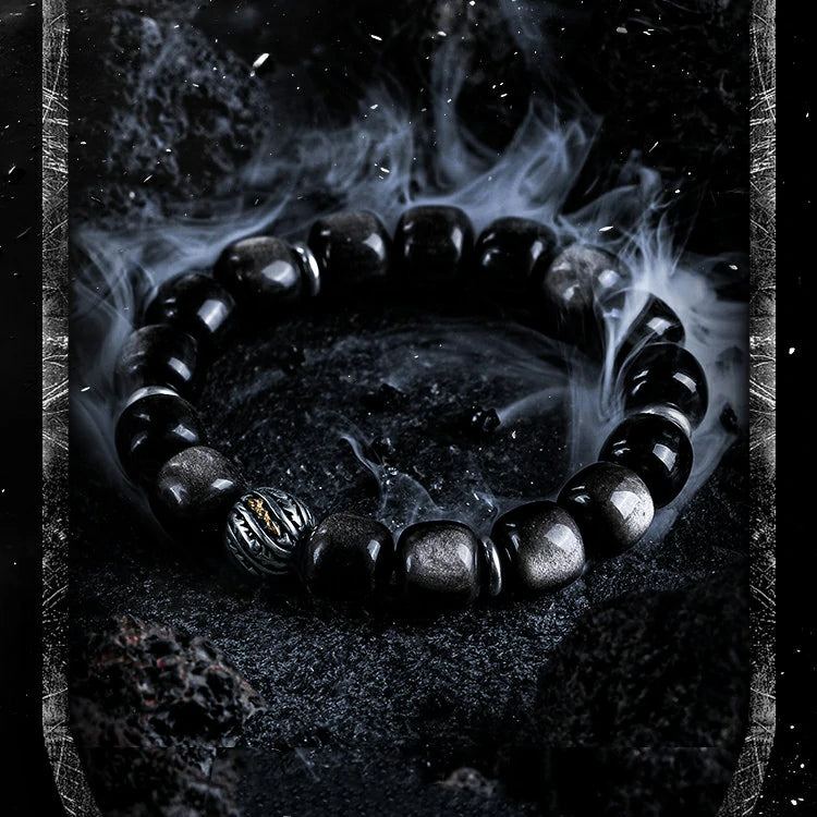 Kalyana Aura Vintage Silver Sheen Obsidian Obsidian 316L Titanium Steel Bracelet Men