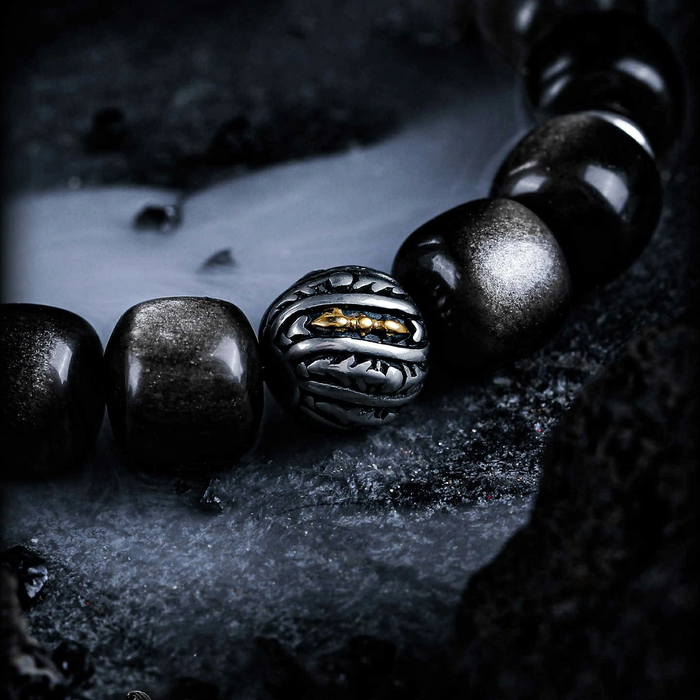 Kalyana Aura Vintage Silver Sheen Obsidian Obsidian 316L Titanium Steel Bracelet Men