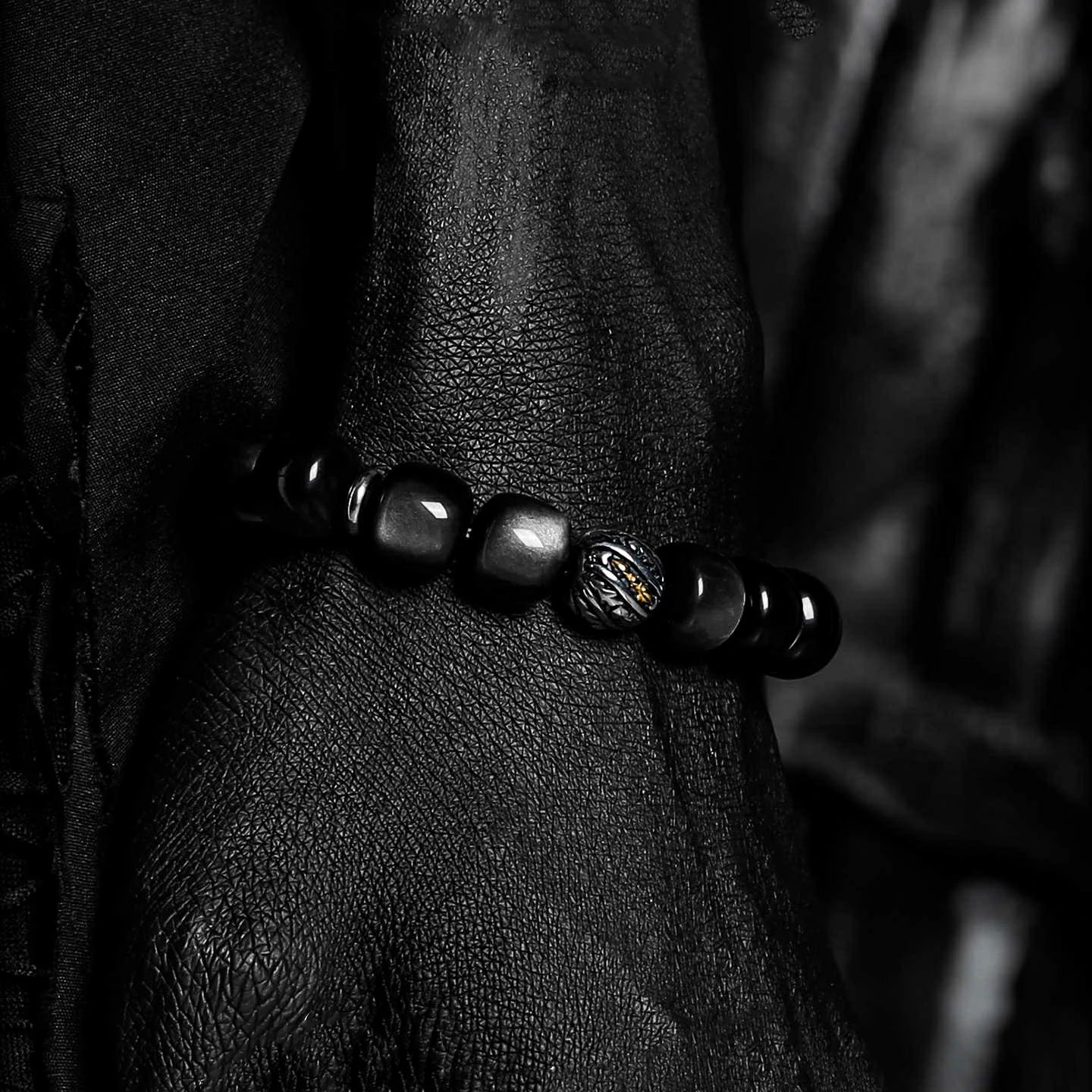 Kalyana Aura Vintage Silver Sheen Obsidian Obsidian 316L Titanium Steel Bracelet Men