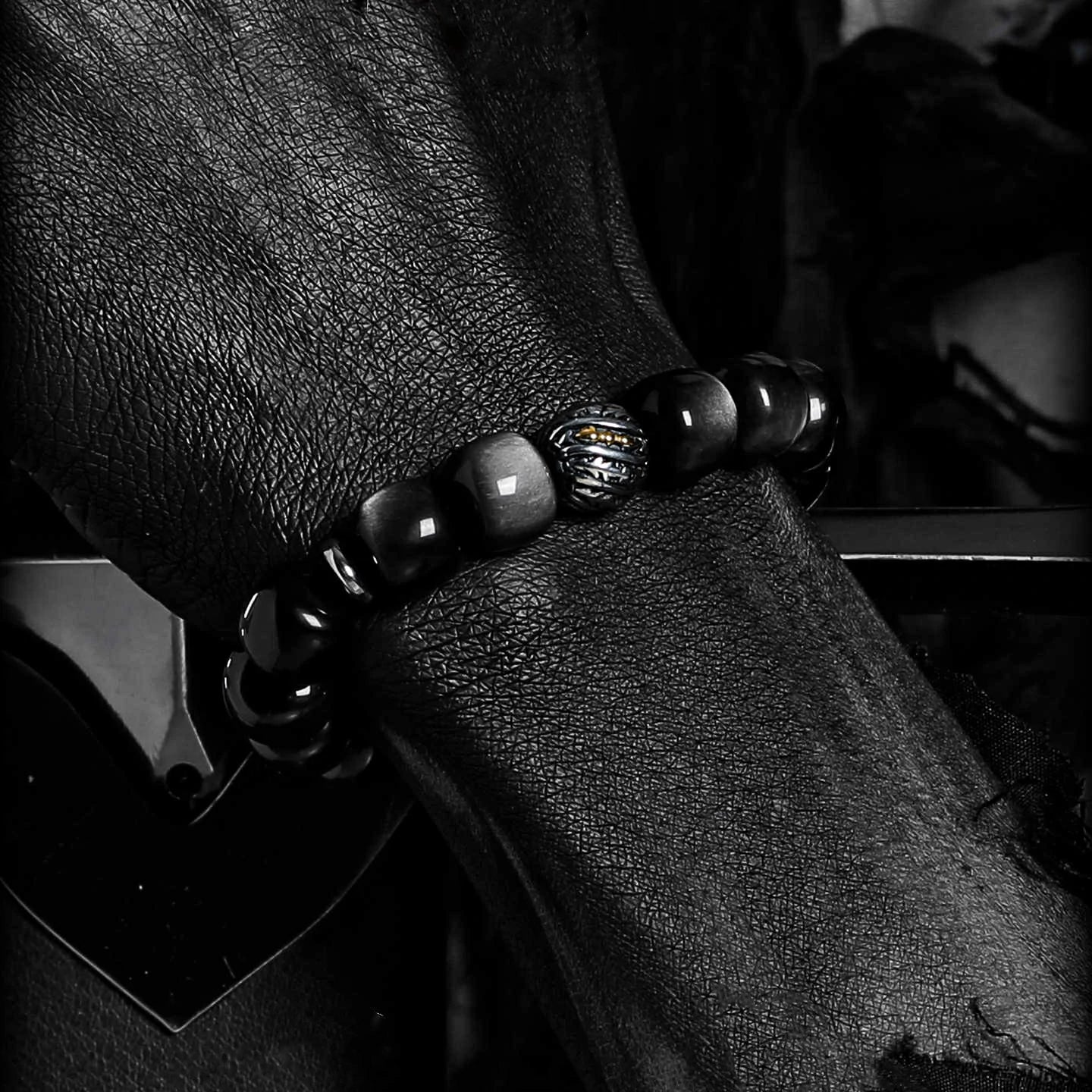 Kalyana Aura Vintage Silver Sheen Obsidian Obsidian 316L Titanium Steel Bracelet Men