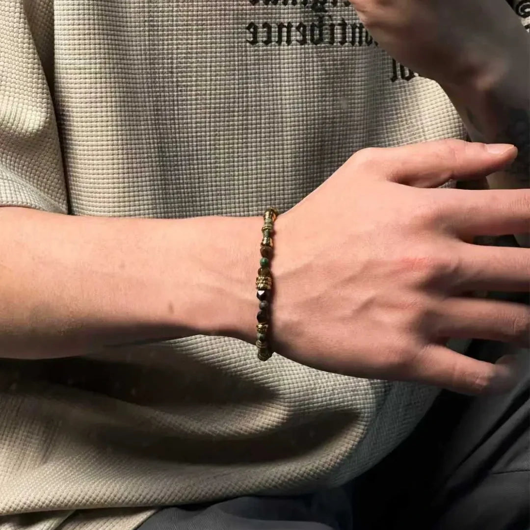 Kalyana Aura Vintage Tiger's Eye African Turquoise Brass 316L Titanium Steel Bracelet Men