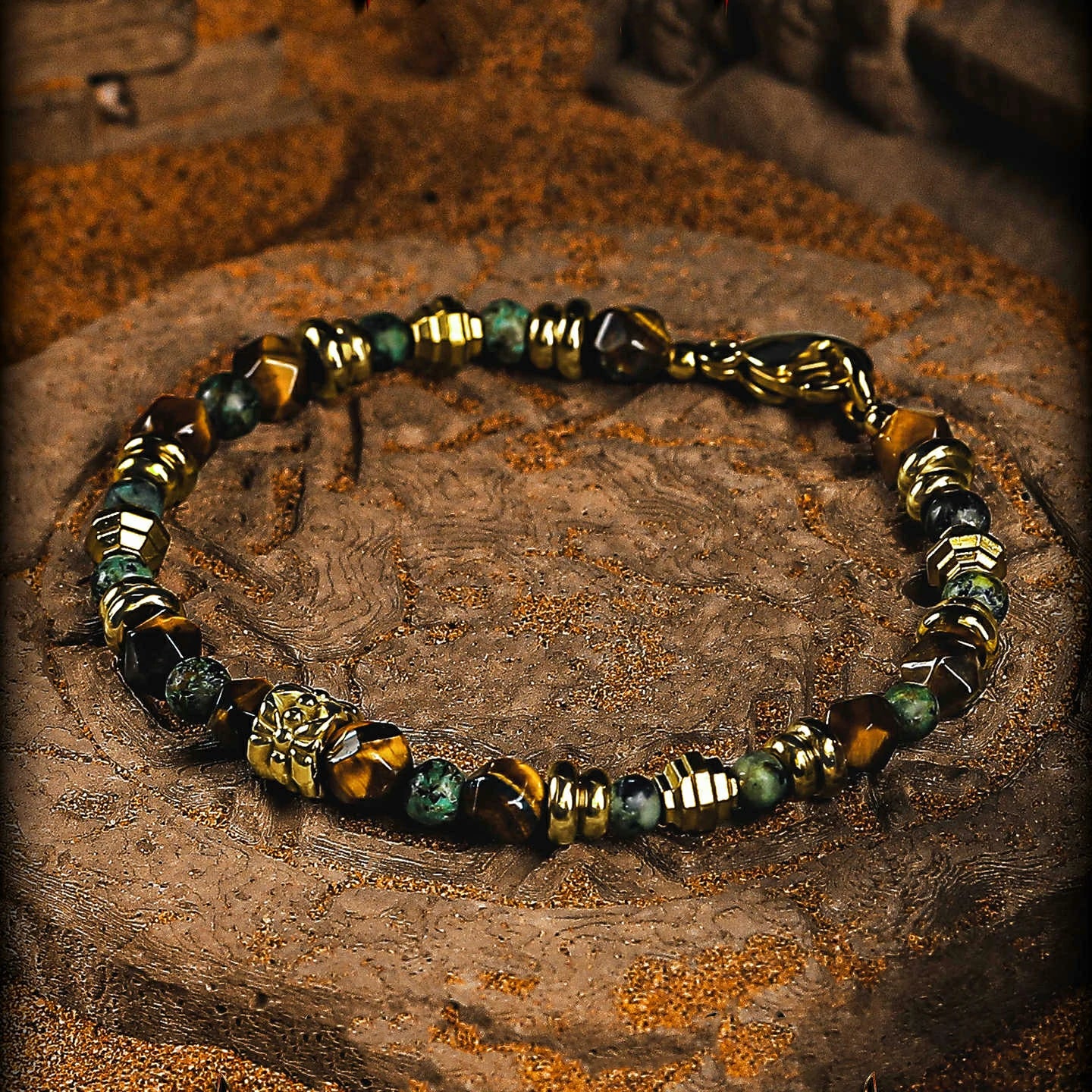 Kalyana Aura Vintage Tiger's Eye African Turquoise Brass 316L Titanium Steel Bracelet Men