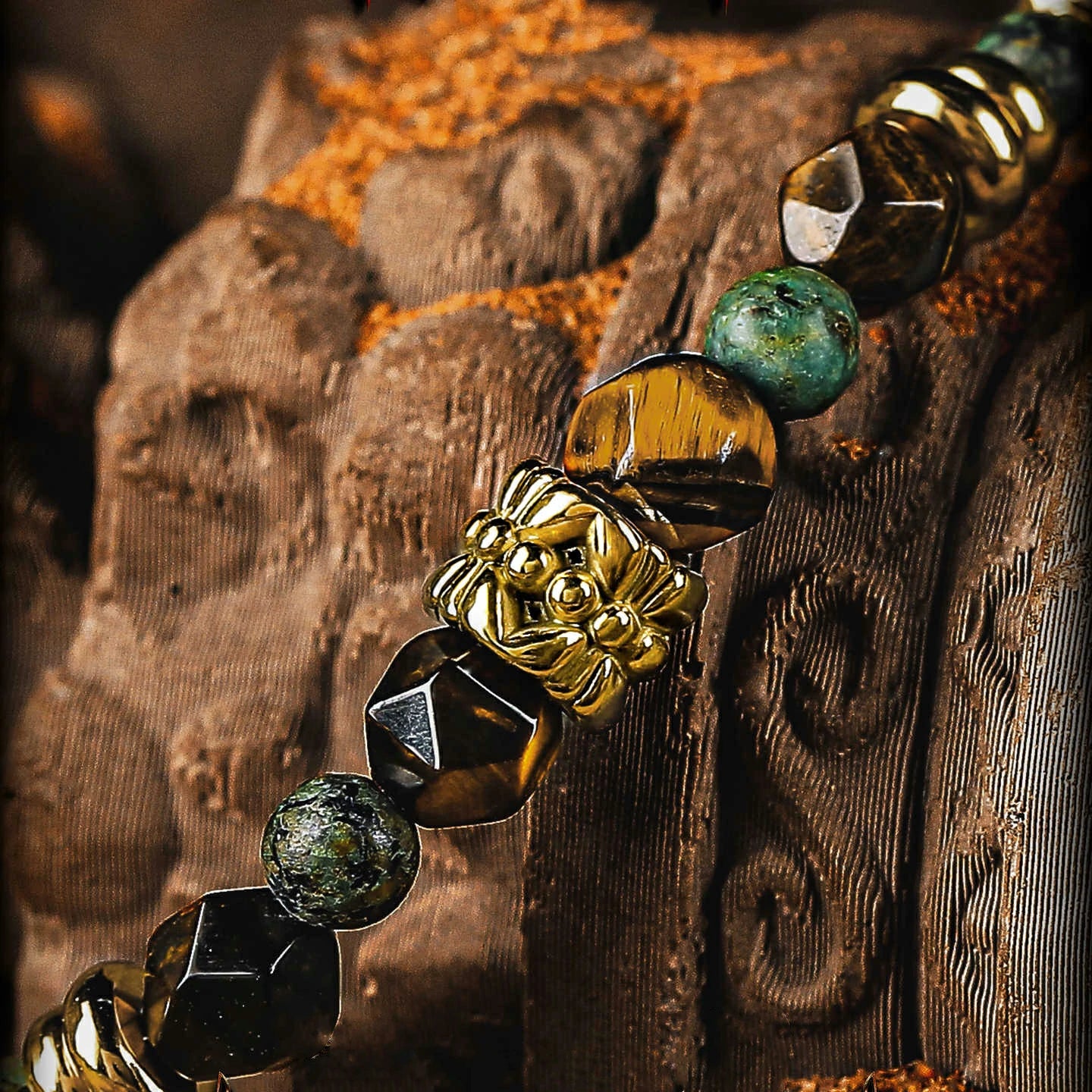 Kalyana Aura Vintage Tiger's Eye African Turquoise Brass 316L Titanium Steel Bracelet Men