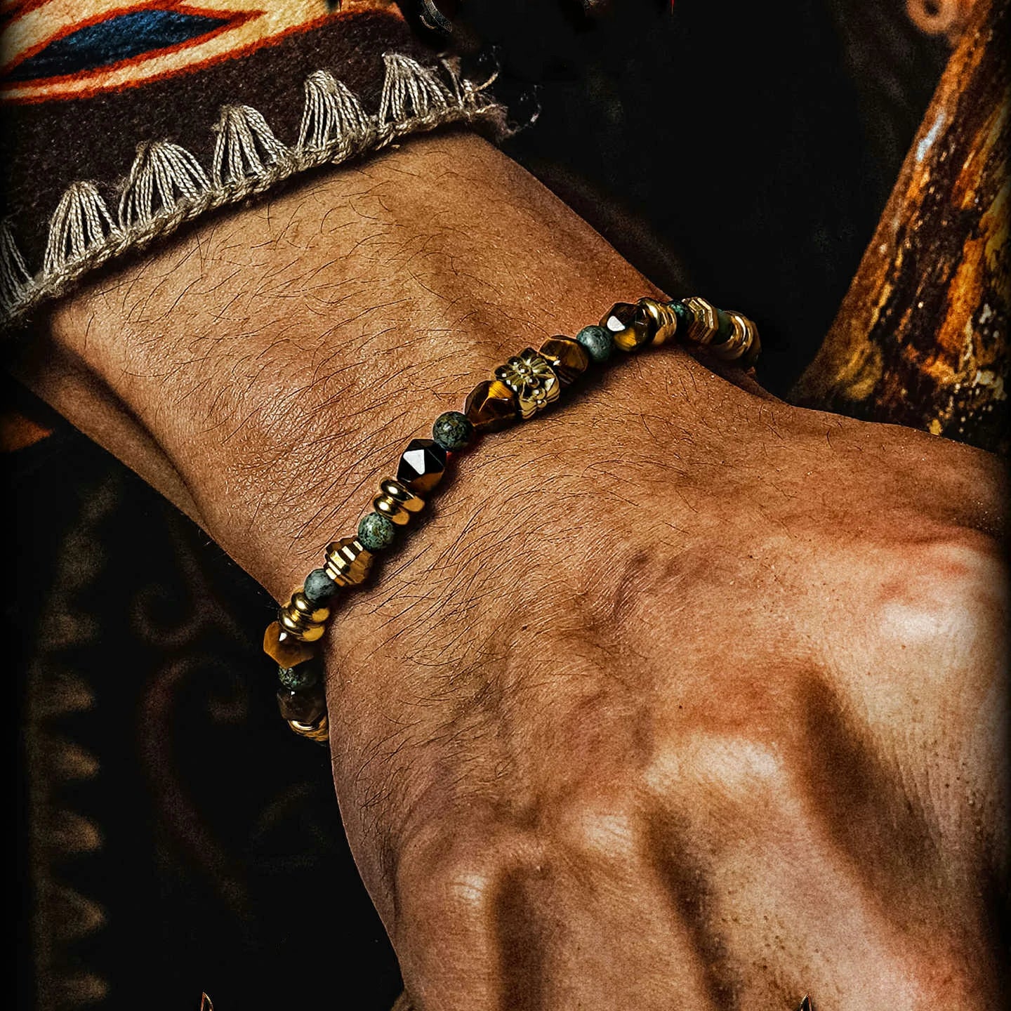 Kalyana Aura Vintage Tiger's Eye African Turquoise Brass 316L Titanium Steel Bracelet Men